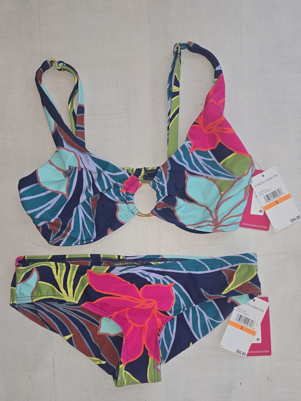 Vince Camuto Tropical Leaf Ring-Front Bikini in Navy, Pink & Lime NWT